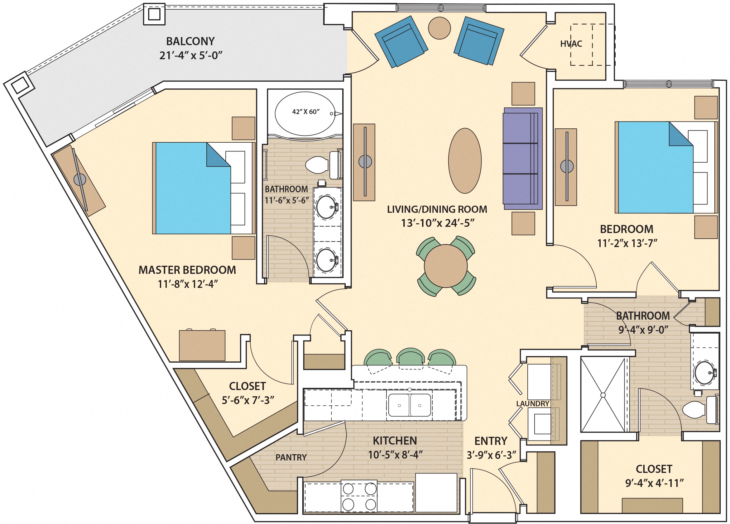 Floor plan for 2 beds, 2 baths, 1330 sqft